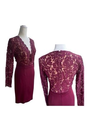Lulu's Burgundy Lace Long Sleeve Dress. Deep V-neck. EUC. Medium.